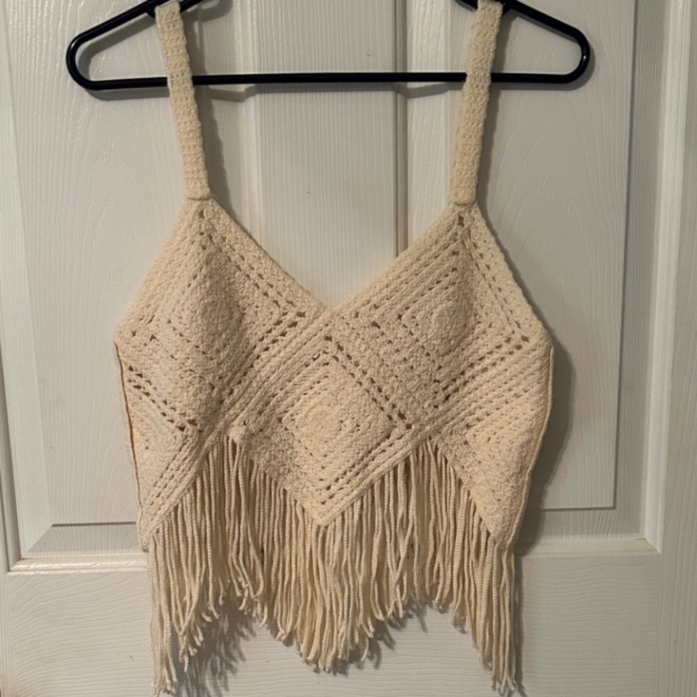 3 For $30 Pinky Cream Crochet Fringe Top - Picture 1 of 1